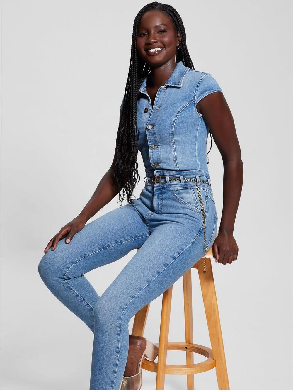 $160 GUESS Eco Nova Belted Denim Jumpsuit S